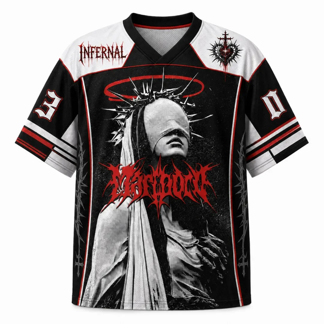 Gothic Hell's Eve Football Shirt Thorn Crown Sacred Heart Cross V-neck Short Sleeve Heavy Metal Street Sports T-shirt