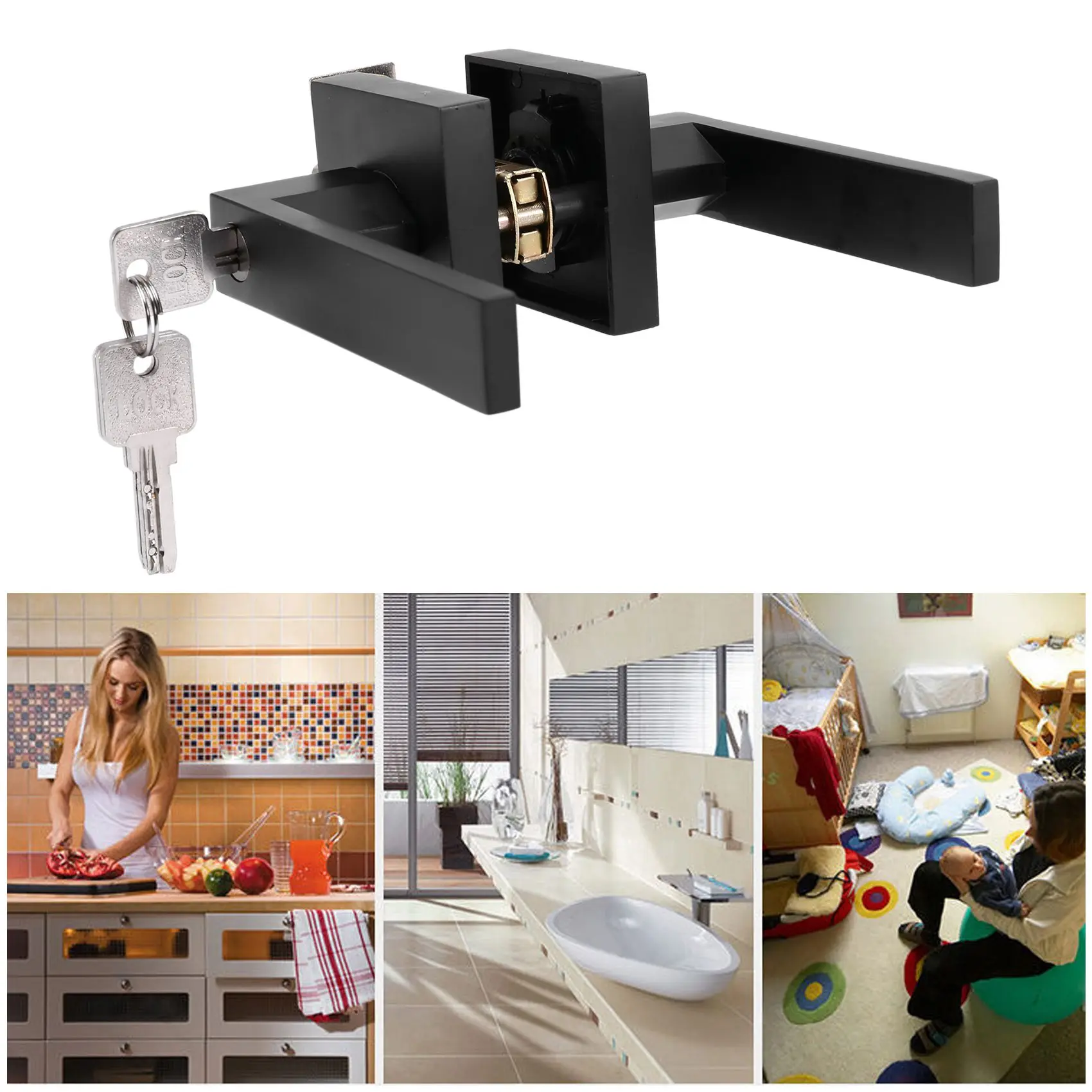 AFOURT-مقبض الباب مقبض الباب قفل قناة مربعة قناع الخصوصية غرفة النوم الداخلية الحمام ثلاثة بار قفل كروي