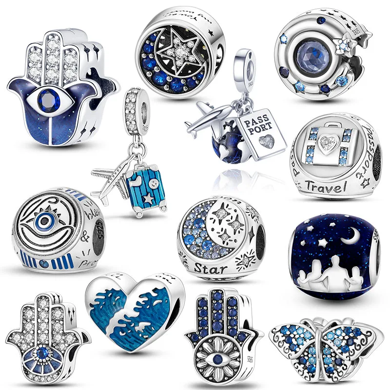 925 Sterling Silver Blue Devil Eyes Charms Airplane Globe Earth Suitcase Travel Fit Original Bracelet For Women DIY Jewelry Bead