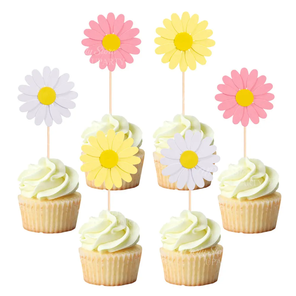 24 Stück Gänseblümchen-Cupcake-Topper, rosa, gelb, weiß, Gänseblümchen-Kuchenaufsätze für Babys in Bloom, Babyparty, Geburtstagskuchen-Dekoration, Gastgeschenk – Detail 8