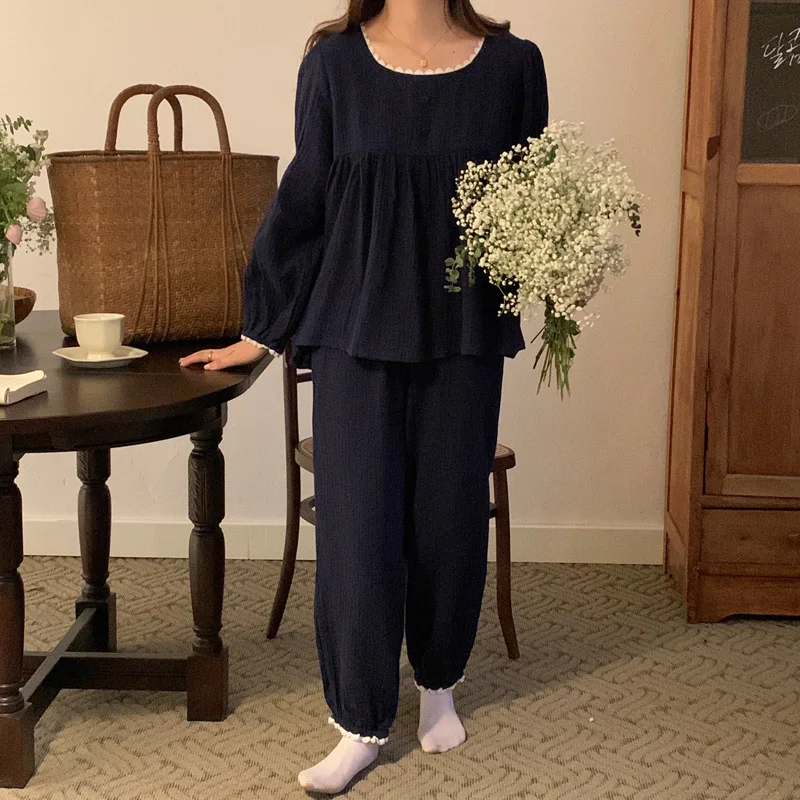 Korean Cotton Line Home Suit Women Solid Vintage Sleepwear Soft Pajamas Set Sweet Loose Buttons Lazy  Long Pants Tow Piece Set