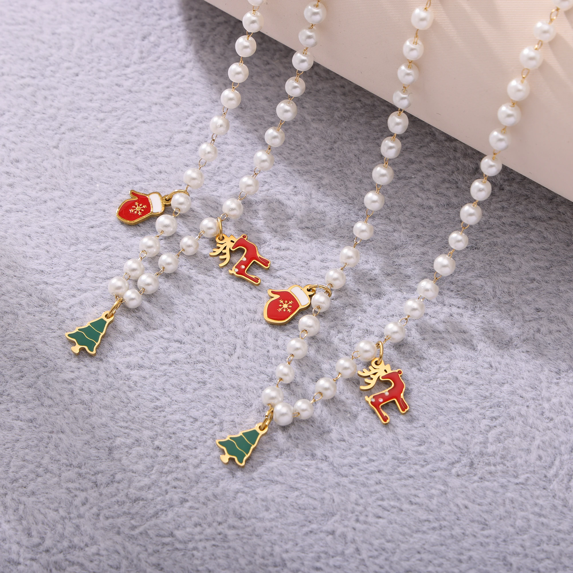 Hirsch-Weihnachtsbaum-Handschuh-Anhänger, Halsketten, Armbänder für Damen, 316L Edelstahl, Imitationsperlen-Strang, Schmuckset – Detail 8