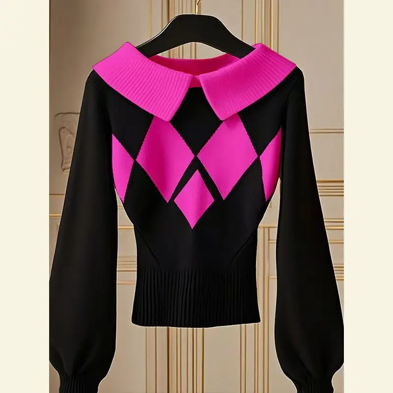 Herbst Koreanische Chic High-end-Europäischer Stil Gestrickte Pullover Frauen Peter Pan Kragen Diamant Langarm Elegante Büro Dame Jumper