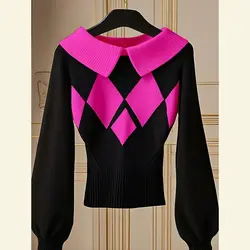 Autumn Korean Chic High-end European Style Knitted Sweater Women Peter Pan Collar Diamond Long Sleeve Elegant Office Lady Jumper