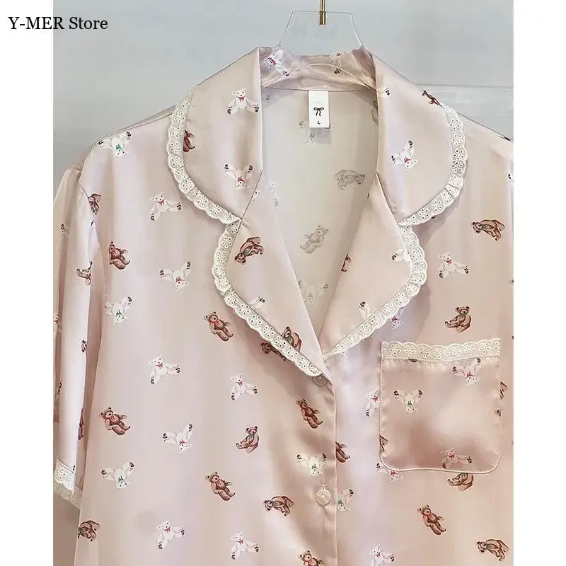 

Pink Lace Trim Nightwear 2Pcs Ice Silk Pijama 2025 Autumn New Pajama Sets Kawaii Princess Style Pijama Mujer Sleepwear Homewear