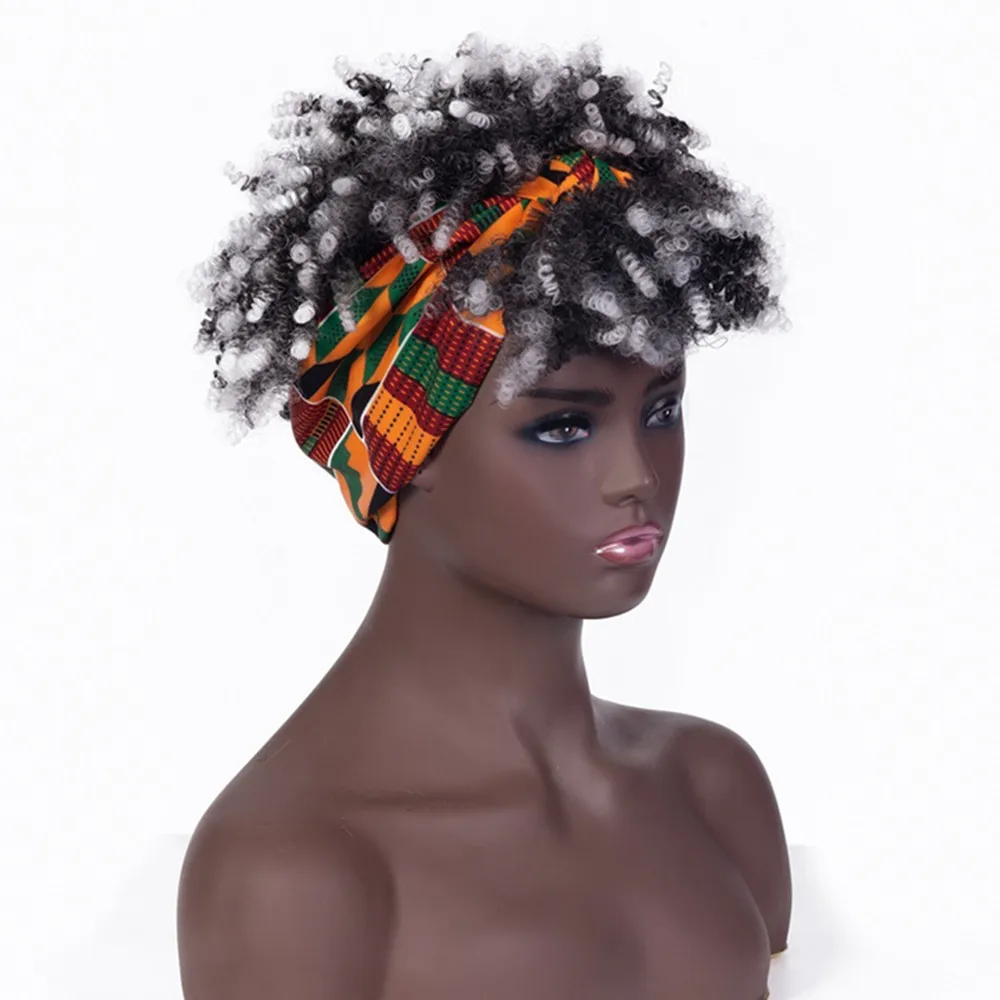 New Headscarf Wig Synthetic Hair Afro Kinky Curly With Bangs Fashion Gradient Black Color Small Curly Short Wigs for Black Women