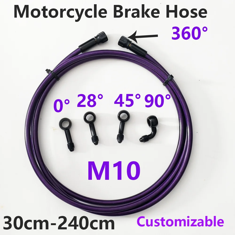 M10 Purple Stainless Steel Braided Brake Hose Motorcycles Oil Hoses Clutch Pipes 360° Rotation Banjo 0° 28° 45° 90°
