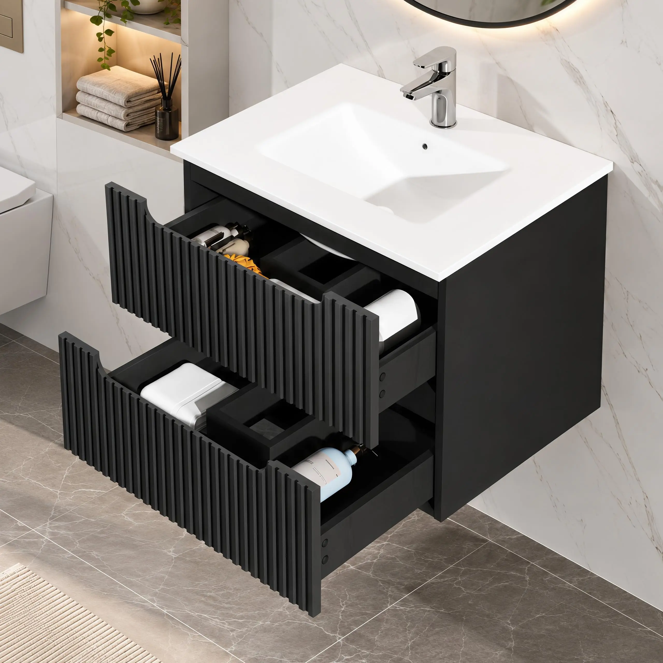 24 Inch Floating Bathroom Vanity with Ceramic Sink, 2 Drawers