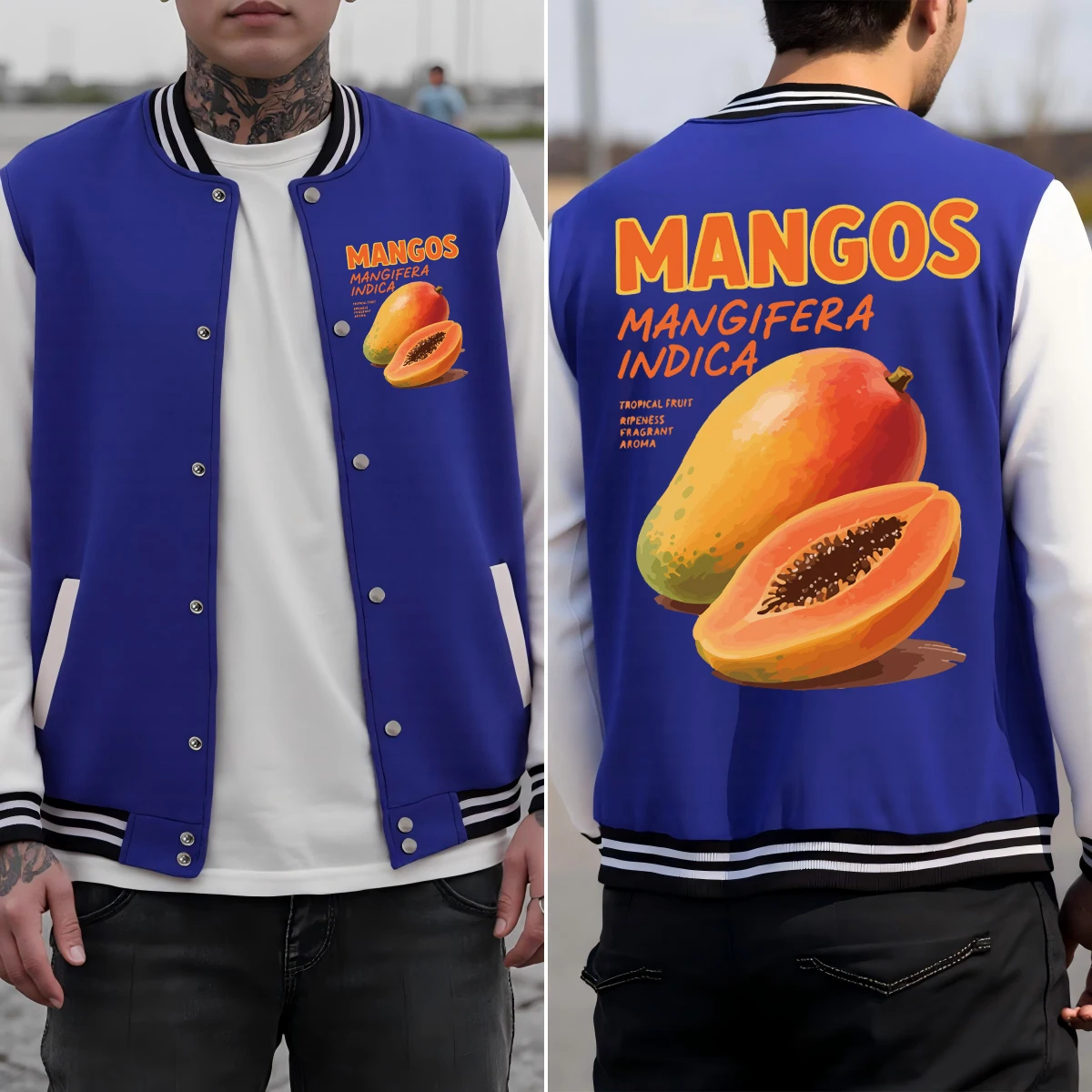 

Mangos Indica Fresh Fruit Print Men Baseball Uniform Soft Loose Clothes Colorful Cotton Jackets Autumn Hip Hop Streetwear