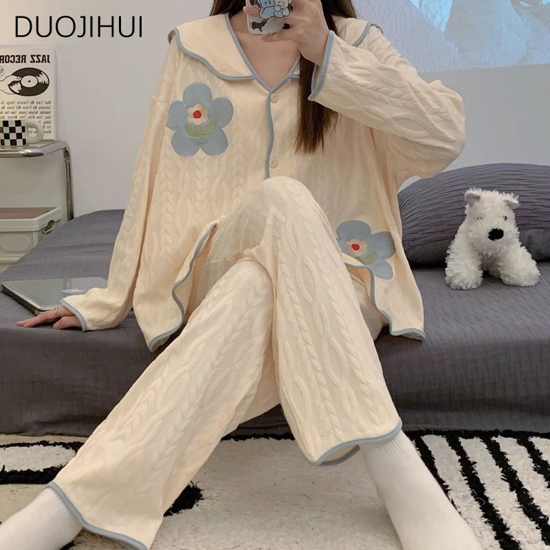DUOJIHUI Two Piece Autumn Loose Casual Home Pajamas for Women Chic Button Cardigan Basic Pant Simple Fashion Female Pajamas Set