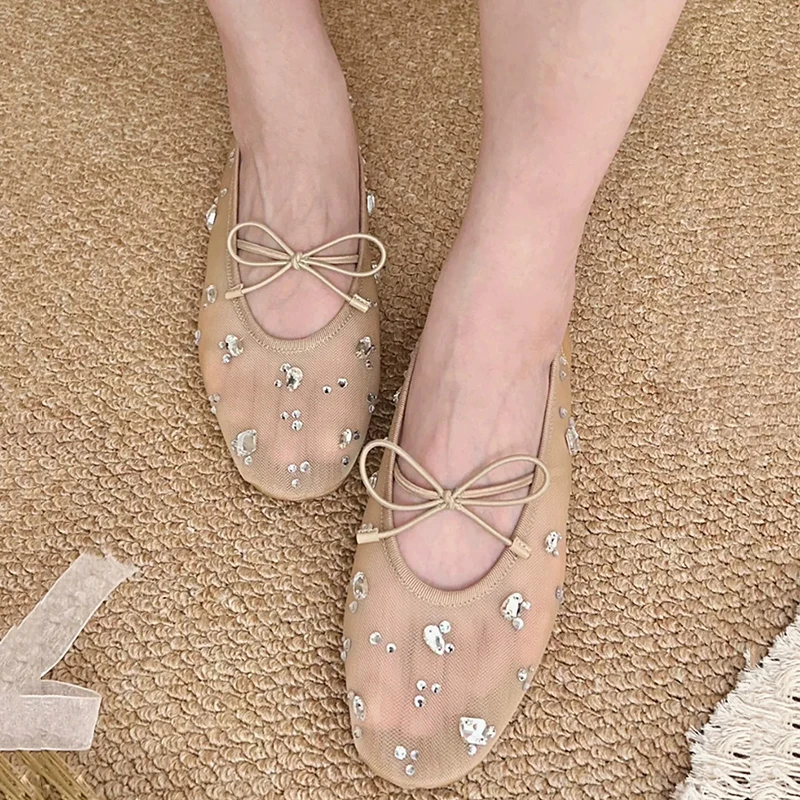 Summer Elegant Women's Sparkly Rhinestone Bow Mesh Block Low Heels Square Toe Ballet Pumps Wedding Party Dress Shoes For Ladies view 3