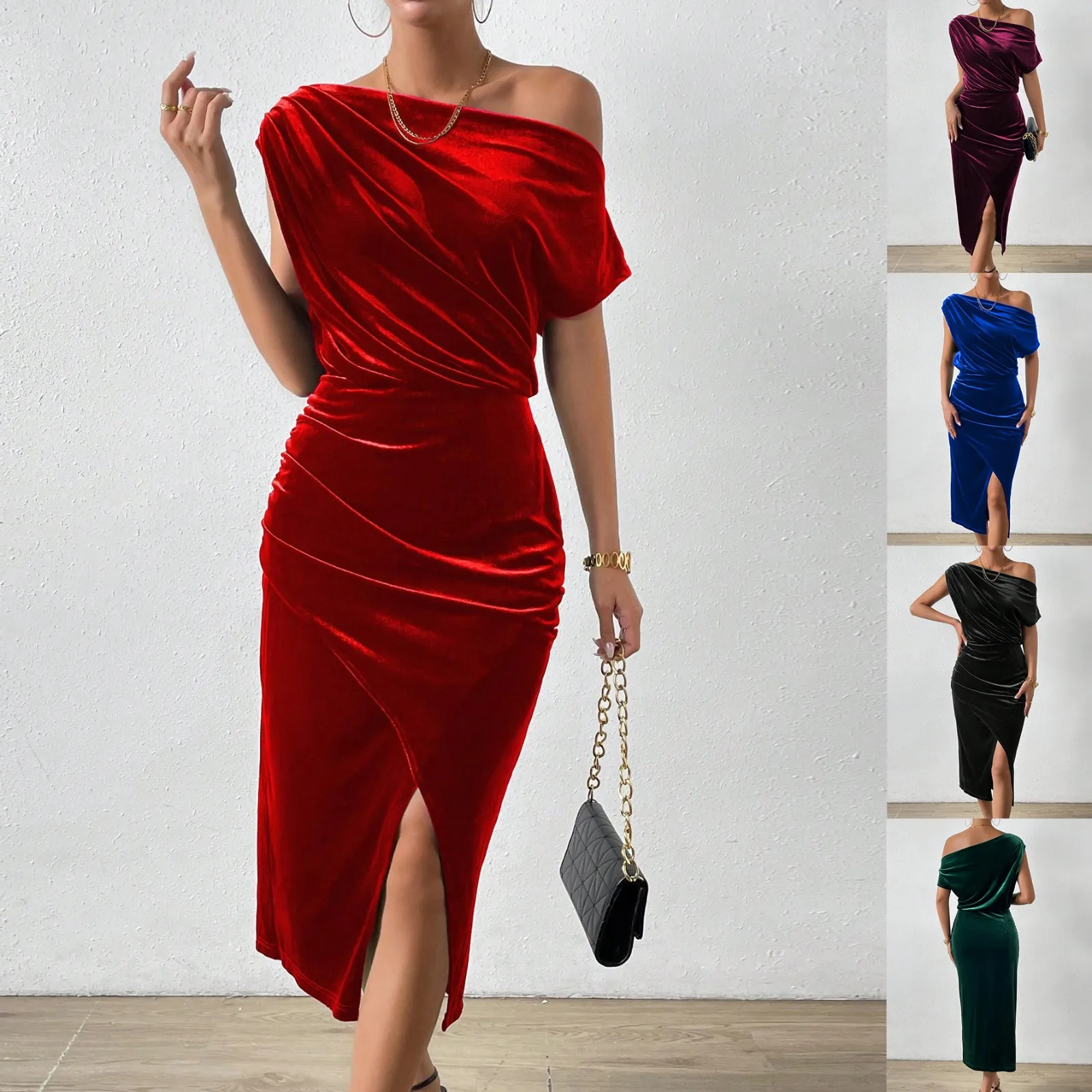 Women'S Dress Off-Shoulder Sexy Front Slit Skew Collar Hip-Hugging Cool Casual Dress Solid Color Fashionable Temperament Dress