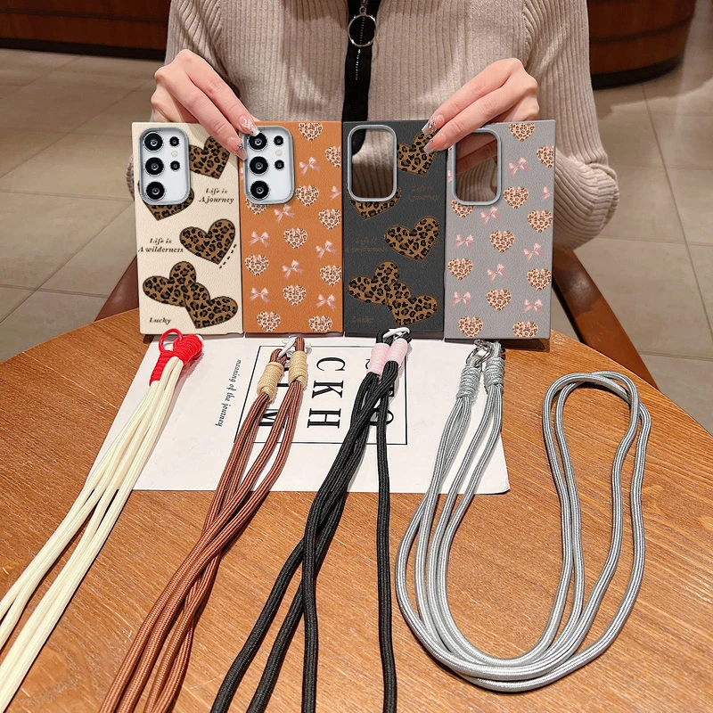 Crossbody الحبل الحال بالنسبة لسامسونج غالاكسي A16 A56 A36 A55 A15 A25 A26 A35 A54 A53 5G ليوبارد طباعة Bowknot القلب طباعة غطاء من البولي يوريثان #6