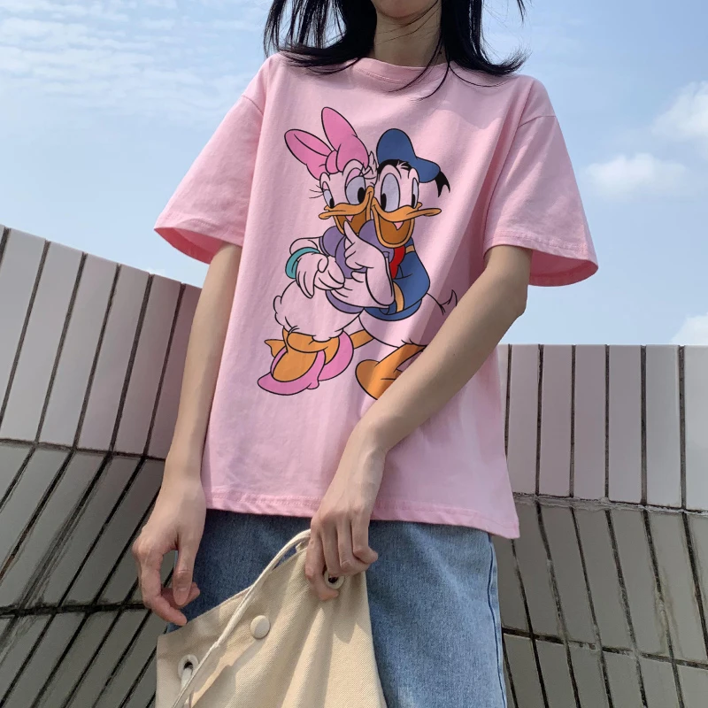 Disney Summer New T-Shirt Donald Duck Daisy Duck Cartoon Printed Women O-Neck Pullover T-Shirt Short Sleeve Streetwear Tees Tops