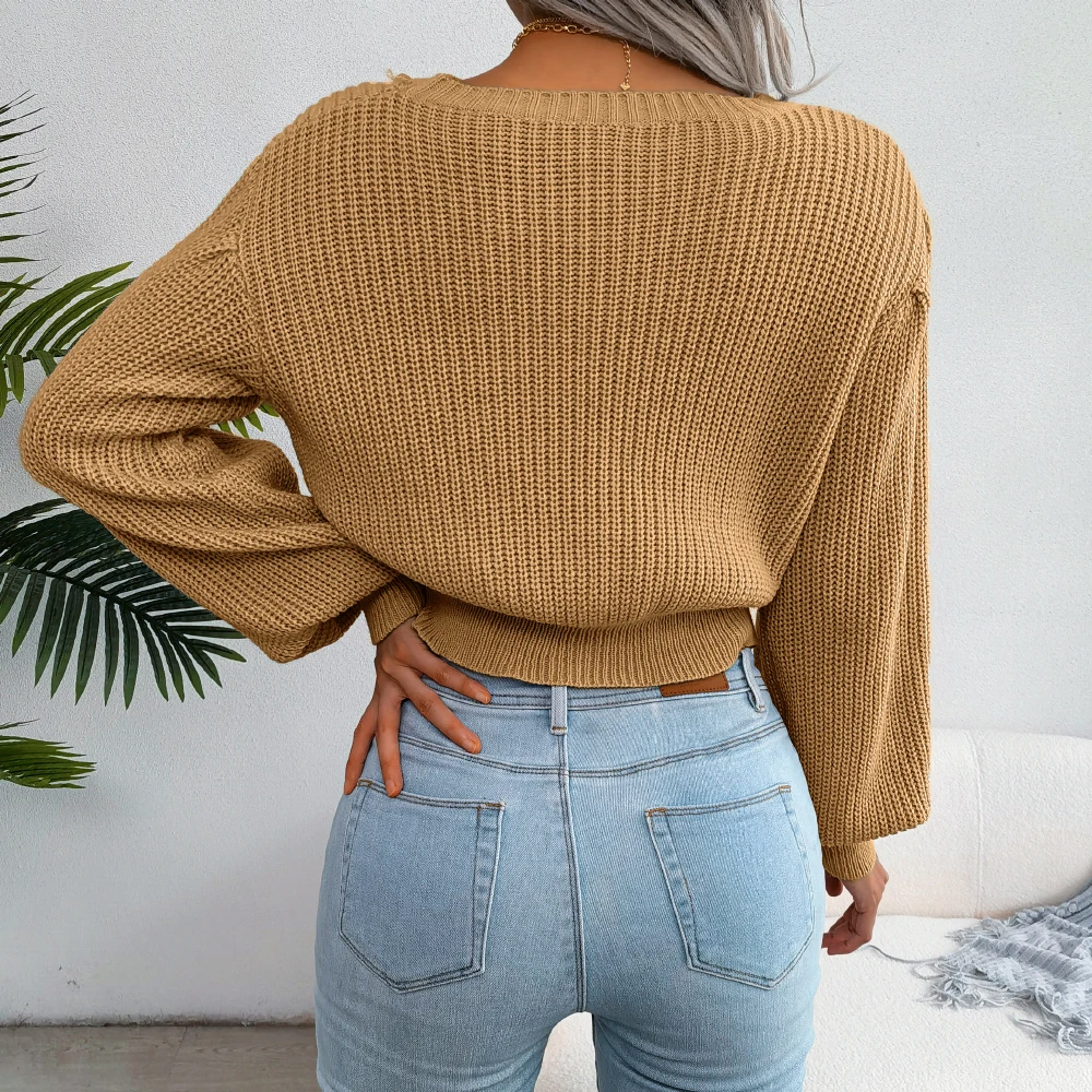 Women Casual Lantern Long Sleeve Slim Waist Knitted Sweater Pullovers For Autumn Winter 2023