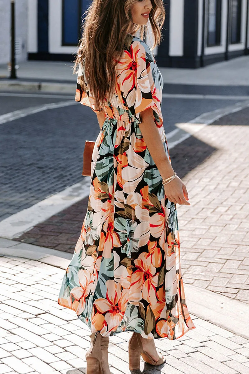 Casual Urlaub Stil Gedruckt Kleid Für Frauen Sexy Tiefem V-ausschnitt Fledermaus Ärmeln Hohe Taille Schlitz Lange Kleider Mode Strand Robe