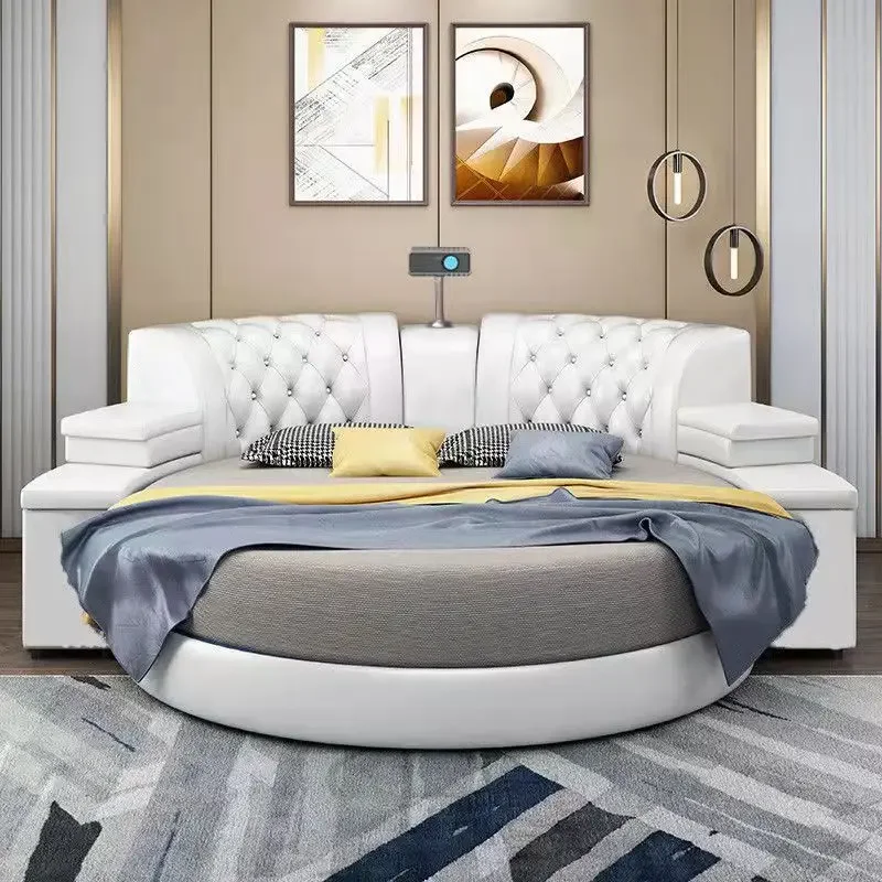 Europian Round Bed Multifonction Double Electric Hotel Bed Minimalist Luxury Lit Intelligent Multifonctions Bedroom Furniture