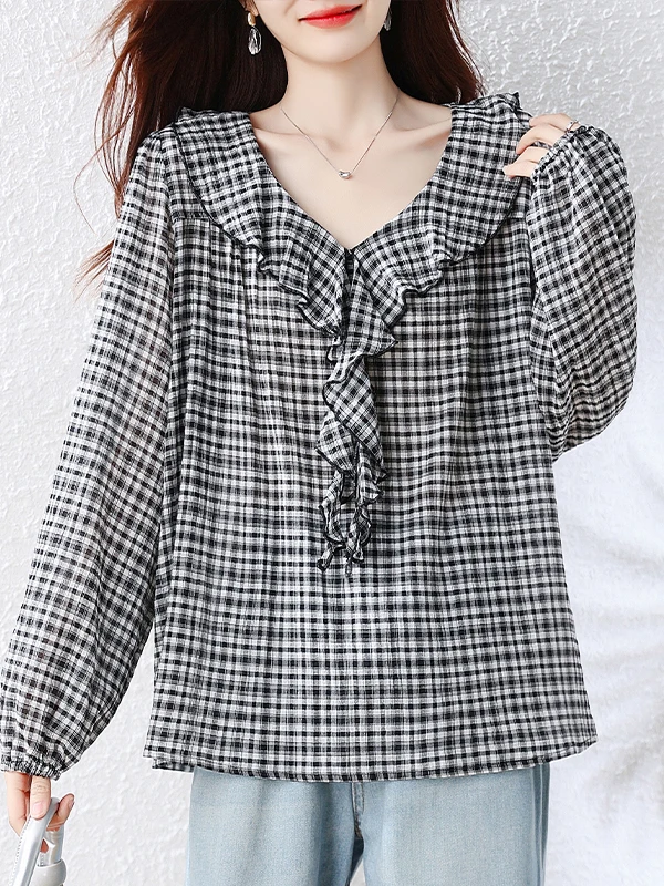 Loose Long Sleeve V-Neck Women's Shirt Casual Style Plaid Pattern Lantern Sleeve Bell  Design Fashionable Autumn Top