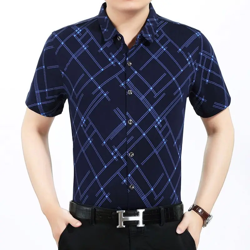 Fashion Lapel Printed Short Sleeve Plaid Shirts Men's Clothing 2024 Summer New Loose All-match Tops Business Casual Shirts