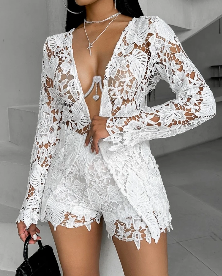 

2024 Spring Autumn New Fashion Skirt Set for Women Open Front Long Sleeve Guipure Lace Design Skinny Top & Shorts Set