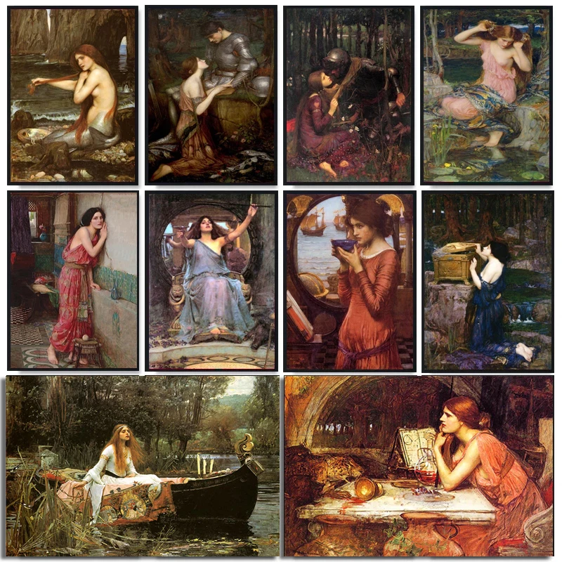 Vintage Painting John William Waterhouse Poster Magic Circle Witch Wall Art Canvas Jason and Medea Prints Pagan Mystery Pictures