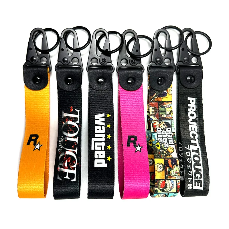 GTA Rockstar Wanted Project Touge Print Nylon Key Strap, Eagle Beak Clasp Keychain Key Ring Backpack Bag Pendant Accessories