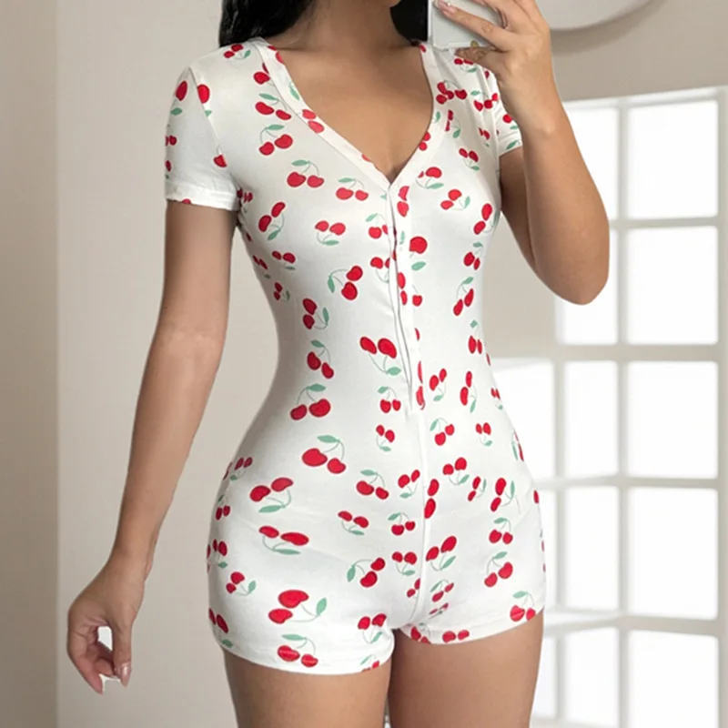 Summer New Cute Cherry Print Button Spliced Daily Basic Slim Fit Bodysuits