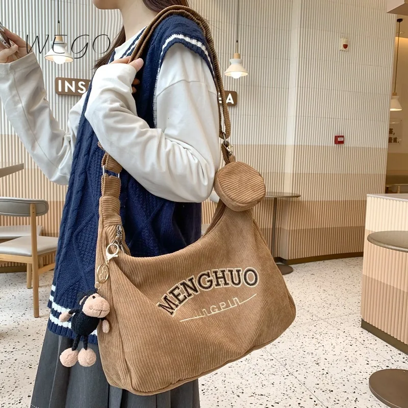 

2024 New Shoulder Tote Bag with Letter Design Large Capacity Corduroy Literature Art Portable Crossbody Handbags + Coins Bags