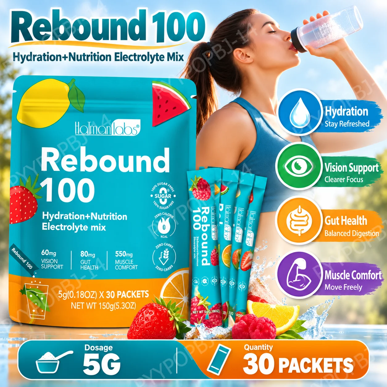 Rebound 100 Electrolyte Mix Powder Packets,Support Hydration, Vision & Gut Health, Maintain Muscle Comfort,Probiotics,30 Packets