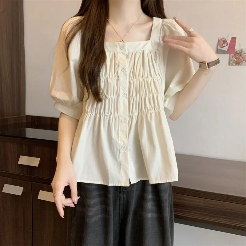 Gentle French Style Square Collar Blouse Female Clothing Solid Color Basic Summer Elegant Puff Sleeve Fashionable Folds Shirts