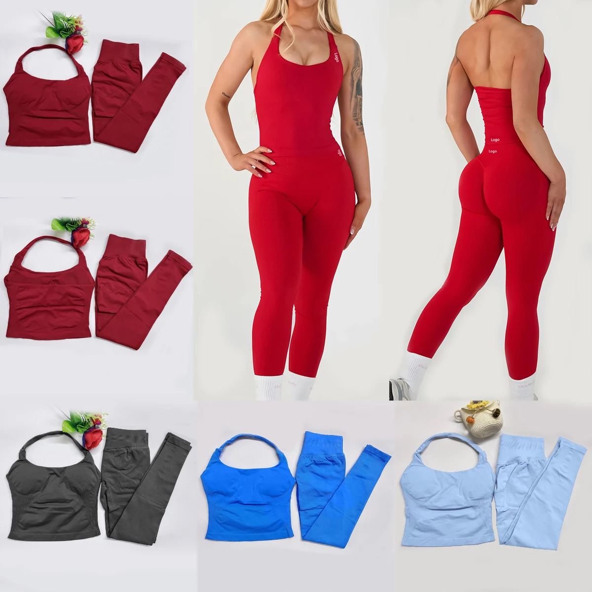 

two pieces impact gym set DF yoga outfits pants set woman Halter Top sports leggings pant Gym workout sets pilates clothes