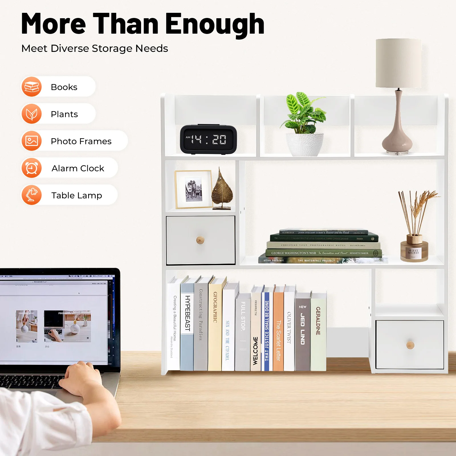 

Desktop Bookshelf Organizer, Multi-Tier with Door Storage, Modern White, Space-Saving Shelf 22lbs Capacity, for Desk & Dorm