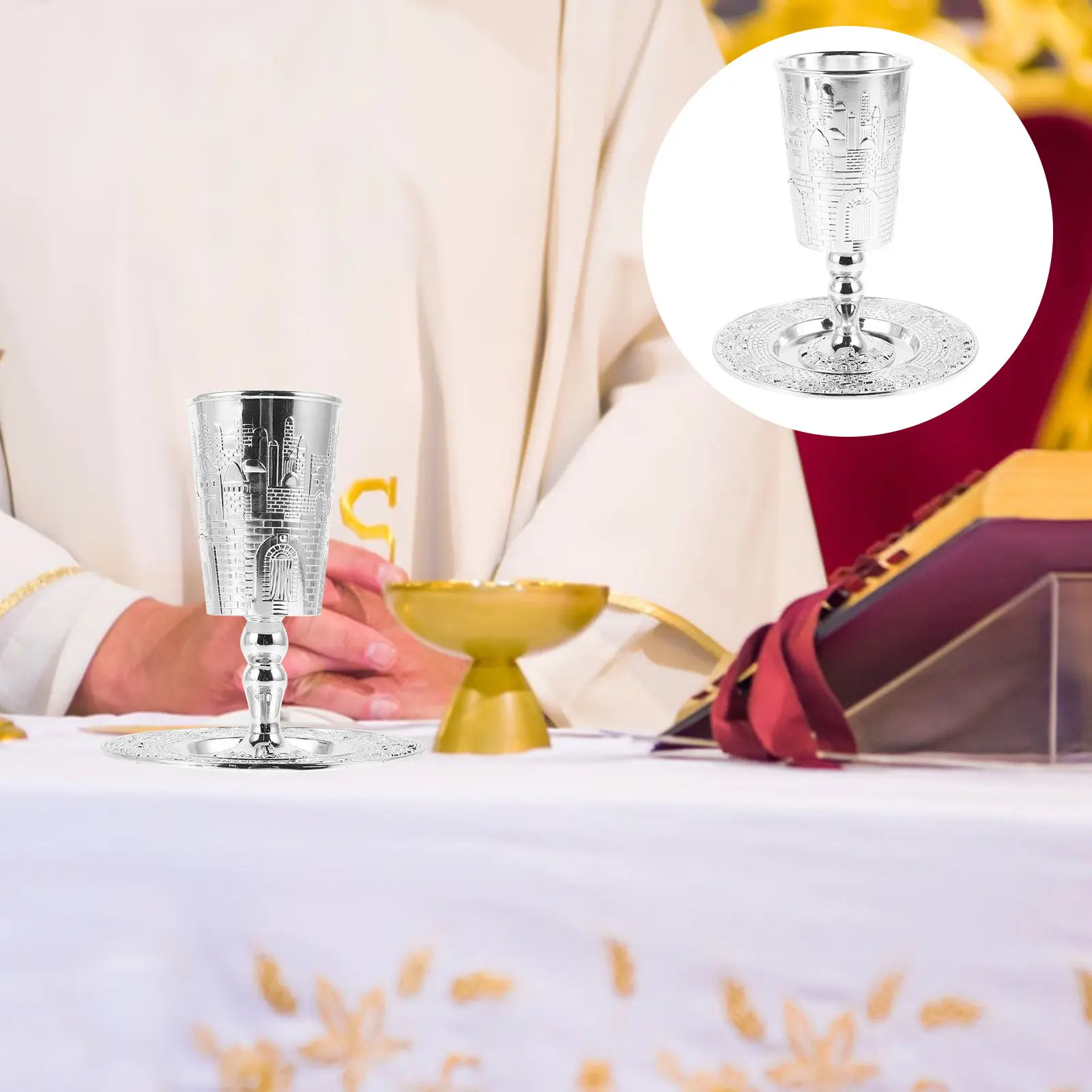 1Set Shabbat Kiddush Cup Set Zinc Alloy Metal Cup with Saucer for Jewish Holiday Celebrations Judaica Holy Cups