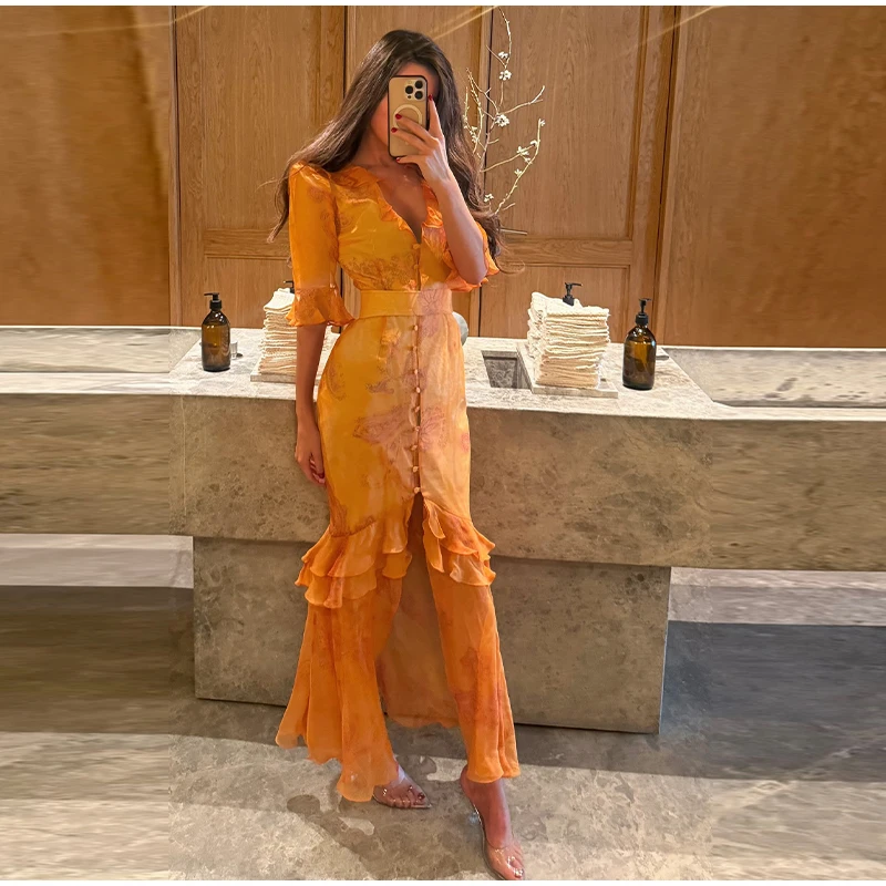 Elegant Ruffle Women's Long Dresses V Neck Half Sleeve Button Waist Cinching Pleated Dress 2026 Spring Lady Fashion Party Robes