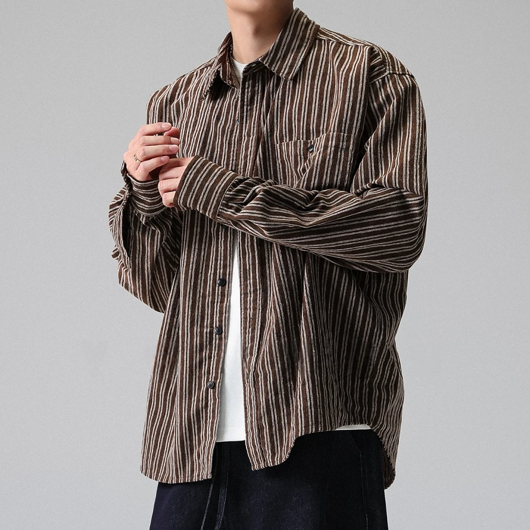 Mens Maroon Striped Shirt American Vintage Lightweight long Sleeve Oversized Relaxed Fit Button Down Spring Autumn Workwear