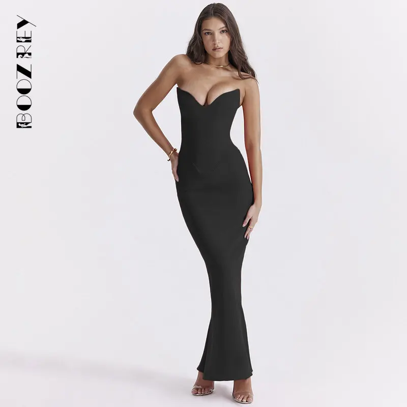 BoozRey Slim Bodycon elegante abito a sirena donna senza spalline 2023 Summer Nightclub Sexy Party Dress lunghi Maxi abiti a lisca di pesce