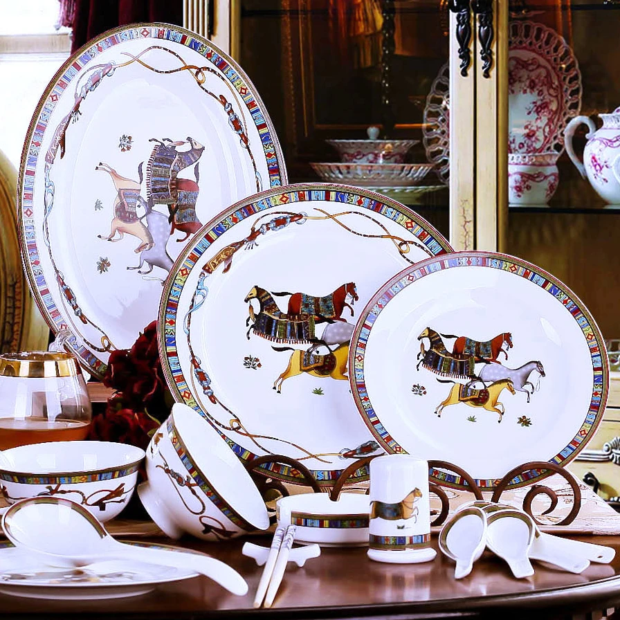 طقم أطباق من الخزف الصيني على الطراز الصيني، أدوات مائدة سيراميك، قطعة واحدة قابلة للتركيب بحرية، وعاء حساء من البورسلين مع ح... #4