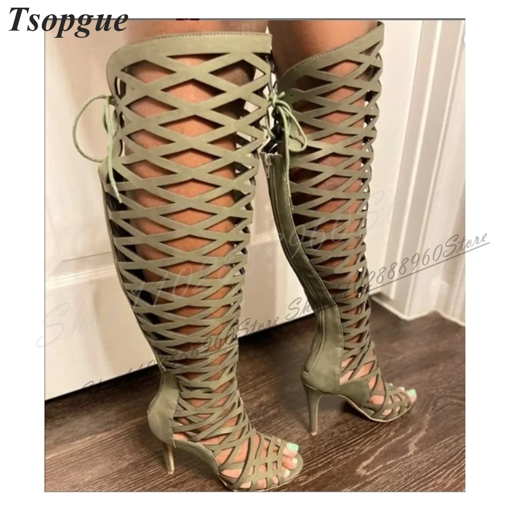 

Trending Knee High Solid Hollow Sandal Boots Thin High Heel Women Shoes Back Zipper Peep Toe 2024 Fashion Zapatos Para Mujere