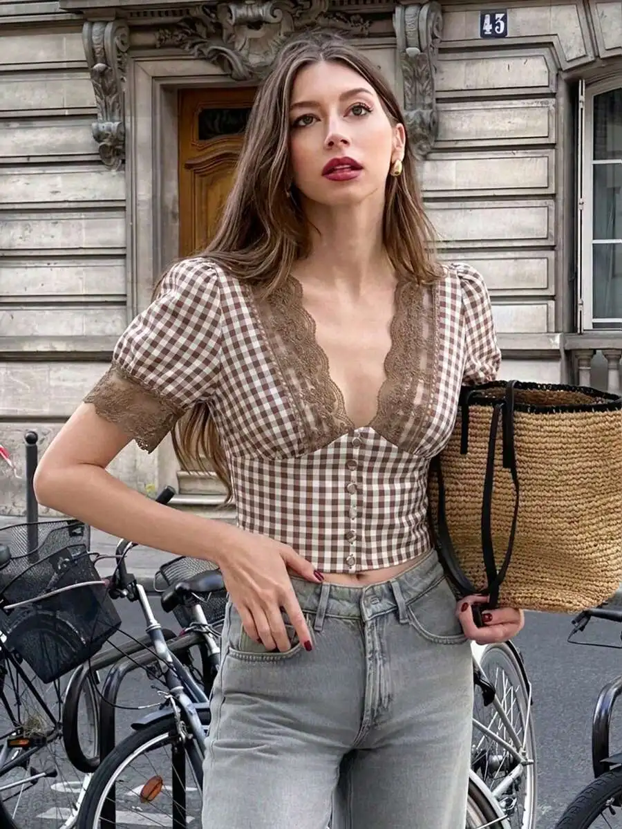 

Womens Gingham Lace Trim Short Sleeve Button Up Blouse