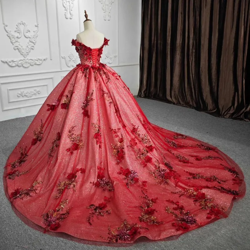 Red Shinning Off The Shoulder Quinceanera Dresses Ball Gown 3DFlowers Appliques Beading Corset  Princess Dress 15 vestidos de