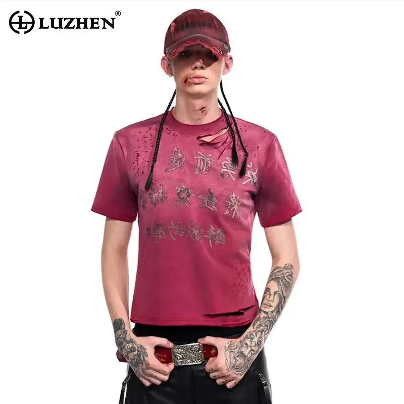 LUZHEN Short Chinese Characters Design Printed Gradient Hollow Out Sleeve T-shirts Men's 2025 Summer Street Casual Tops JY7535