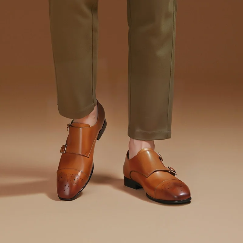 Piergitar Luxurious Italian Manufacture Brown Calfskin Men's Brogues Handmade Bronze Buckles Double-Monk Shoes Red Color Sole