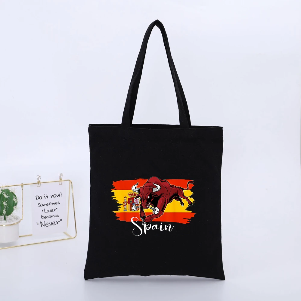 Bull Graphic Black Canvas Tote Bag, Streetwear Style for Daily Shopping and Casual Outings