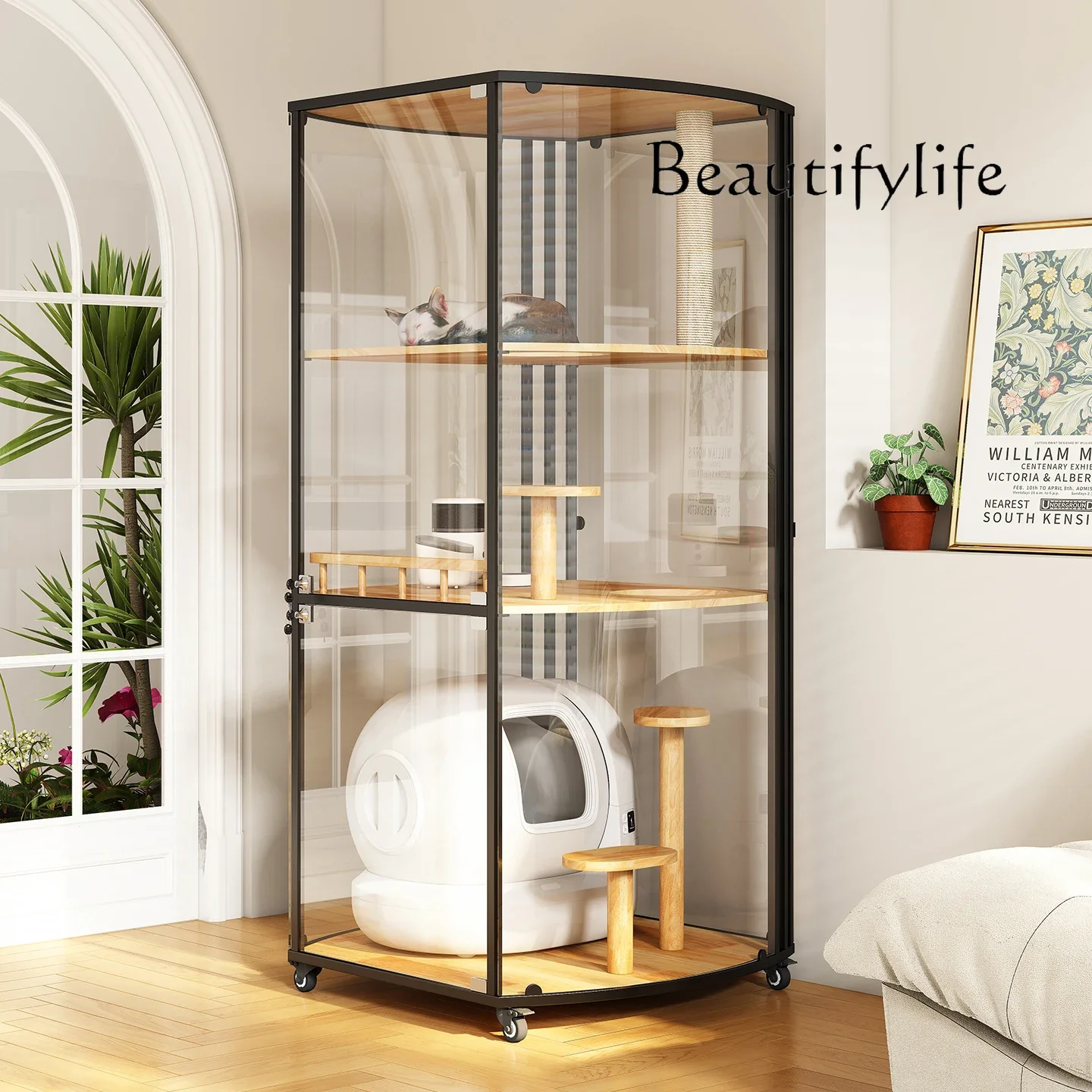R Large Cat Luxury Cat Villa Panoramic Curved Glass Cage Solid Wood Home Designer Premium
