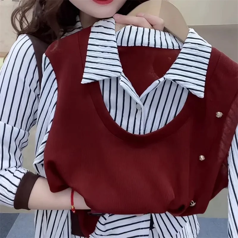 Long-Sleeved Shirt Women's 2025Spring Summer False Two-Piece Coat Slim New Fashion Jacket Female Striped Stitching Bottoming Top