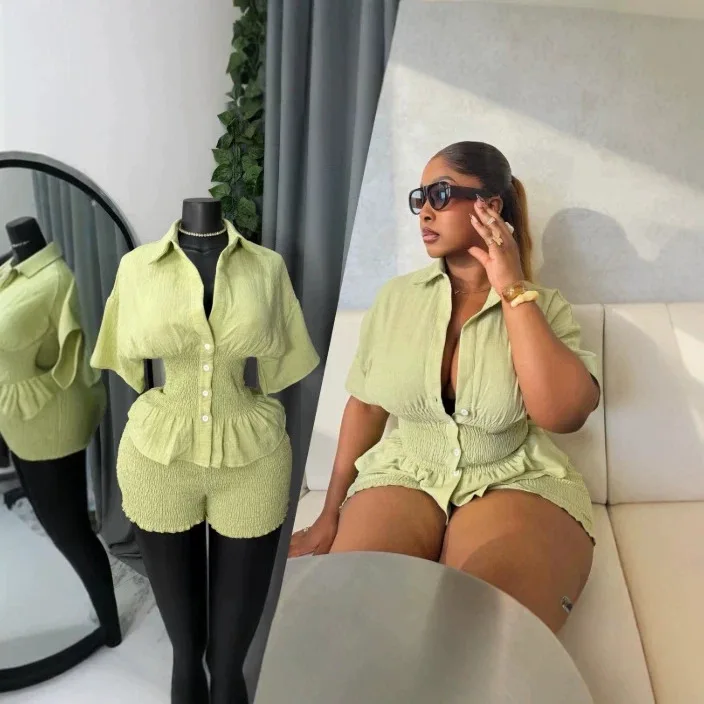Chic Autumn Sweet Short Sets 2 Piece Outfits Fresh Lapel Short Sleeve Waist Shirt High Waist Straight Shorts Two-piece Set Y2K