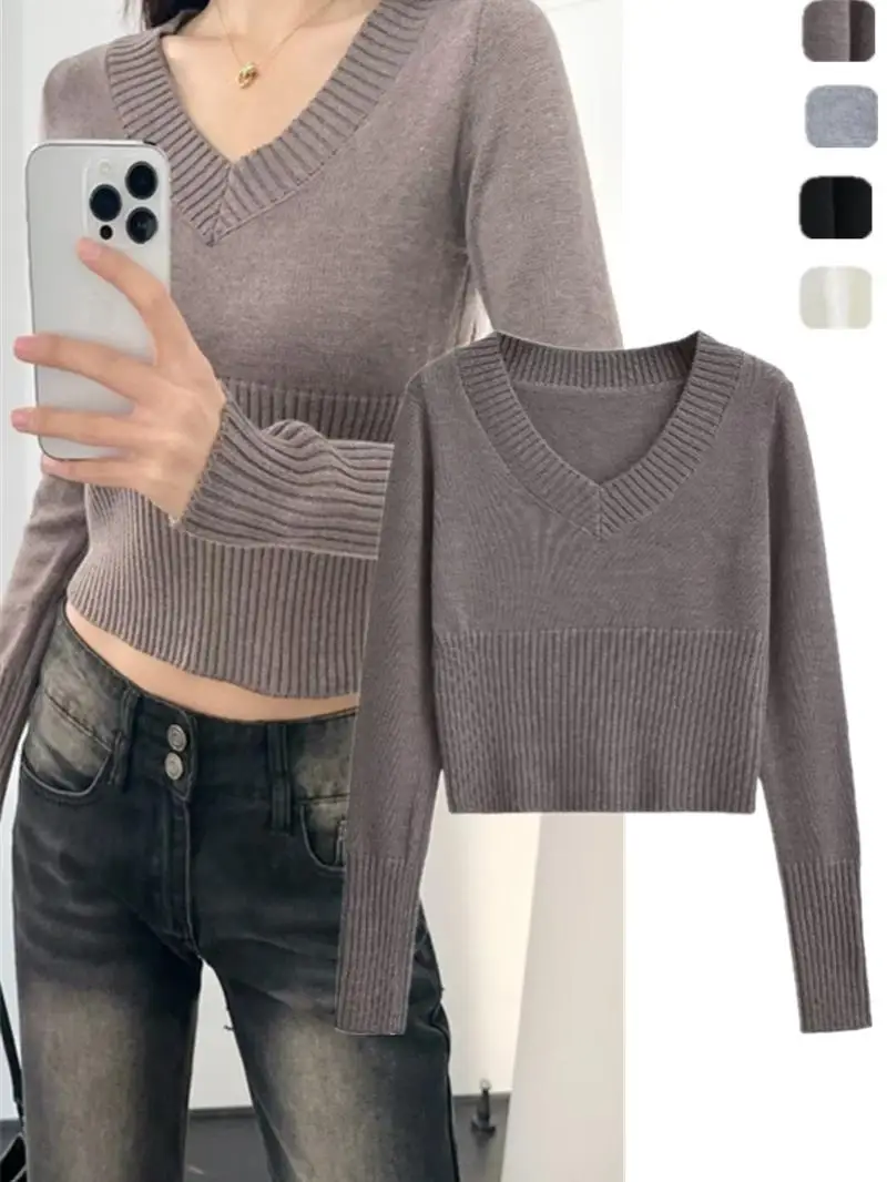 

Slim Fit ort Knitted Sweater Women's Autumn Long Sve V-Ne Waist-Cinching Street Sle Base Layer Inner Wear Top