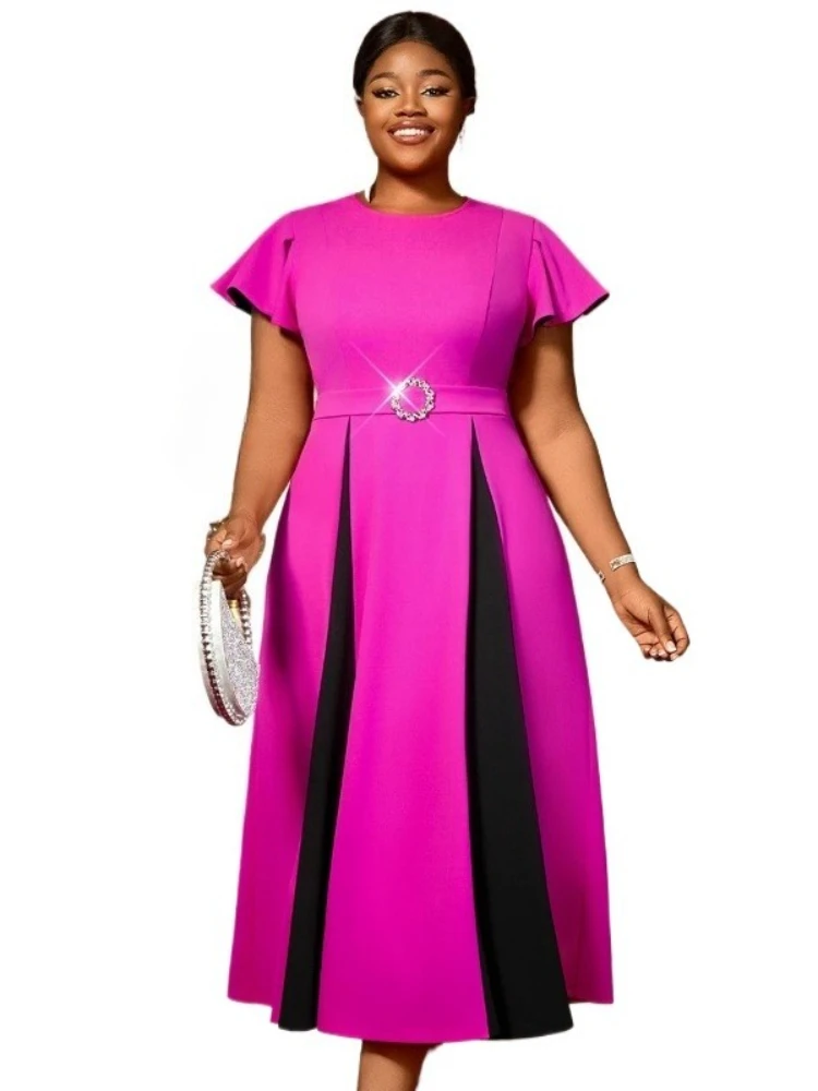 

Elegant Plus Size Women Dress with Short Sleeve and Color Block Details Ideal for Church Events Weddings and Special Gatherings