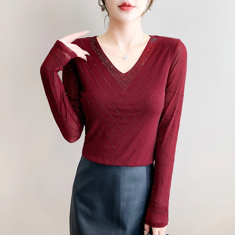 MadBlack-Women الأوروبي تي شيرت ، مثير الخامس الرقبة الماس الساخن ، الشارع الشهير كم طويل سليم S-3XL شبكة المحملة ، 2025 الخريف جديد T59740CC #4