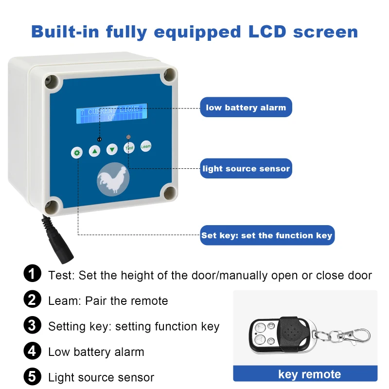 Automatic Solar Chicken Door with Slider, Opener Chicken Coop, LCD Screen with Timer and Light Sensor for Safe Chicken Keeping